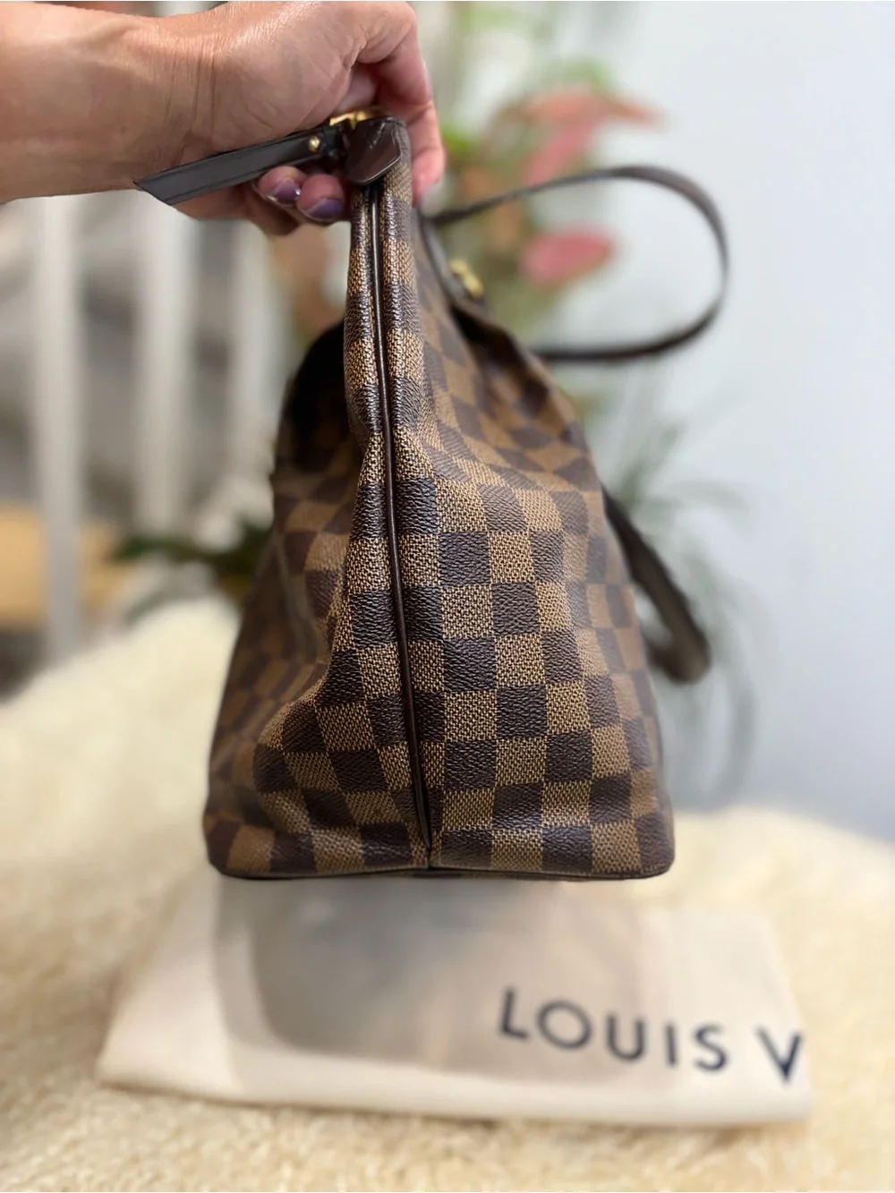 Louis Vuitton Brown Damier Ebene Check Canvas Tote with Gold Hardware